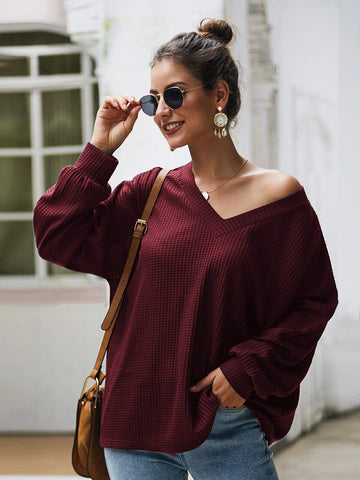 Solid V-Neck Drop Shoulder Jumper