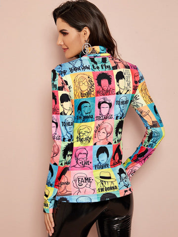 Figure & Letter Graphic High Neck Tee
