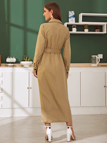 Solid Dual Pocket Buckle Belted Shirt Dress