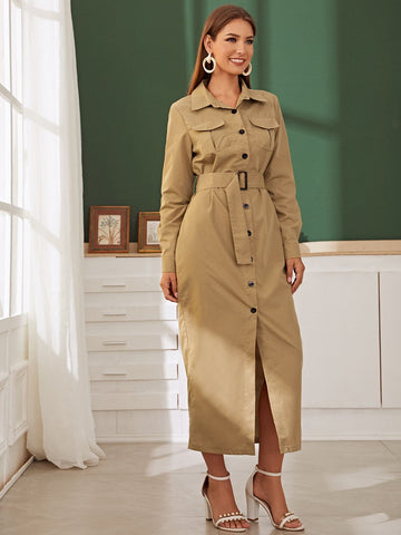 Solid Dual Pocket Buckle Belted Shirt Dress