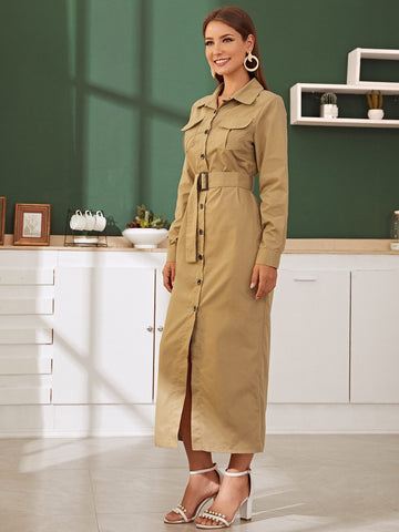 Solid Dual Pocket Buckle Belted Shirt Dress