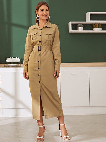 Solid Dual Pocket Buckle Belted Shirt Dress