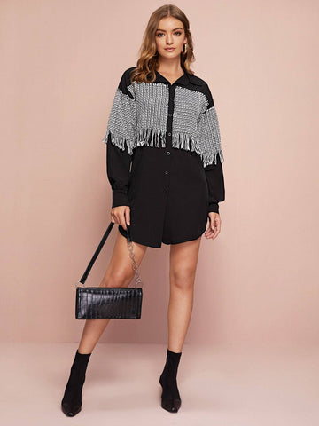 Contrast Tweed Fringe Shirt Dress