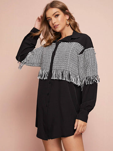 Contrast Tweed Fringe Shirt Dress