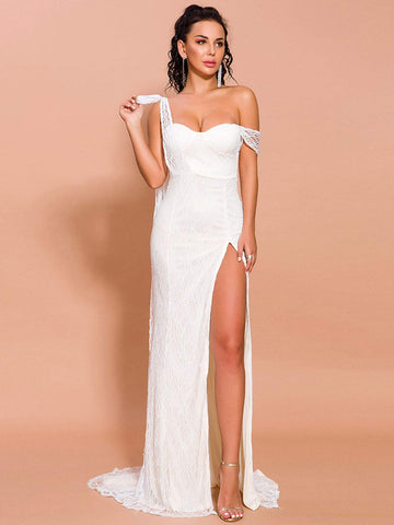 Missord Split Thigh Asymmetrical Neck Maxi Prom Dress