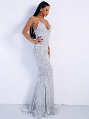 Missord Backless Plunge Neck Sequin Cami Prom Dress