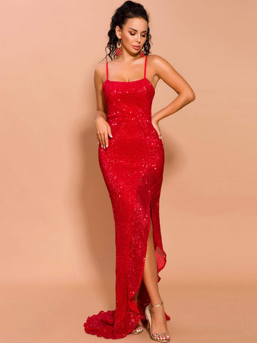 Missord Asymmetrical Hem Sequin Cami Prom Dress