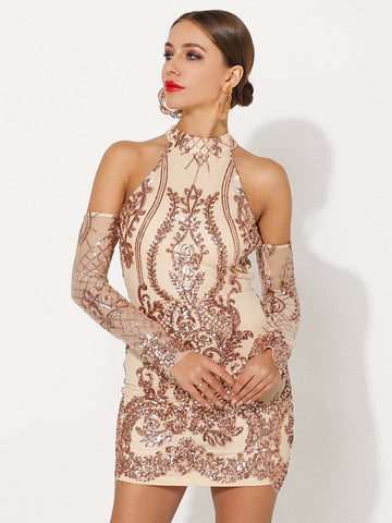 Missord Zip Back Cold Shoulder Sequin Bodycon Halter Dress