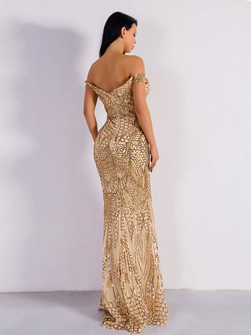 Missord Zip Back Mermaid Hem Bardot Sequin Prom Dress