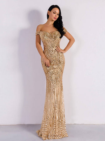 Missord Zip Back Mermaid Hem Bardot Sequin Prom Dress