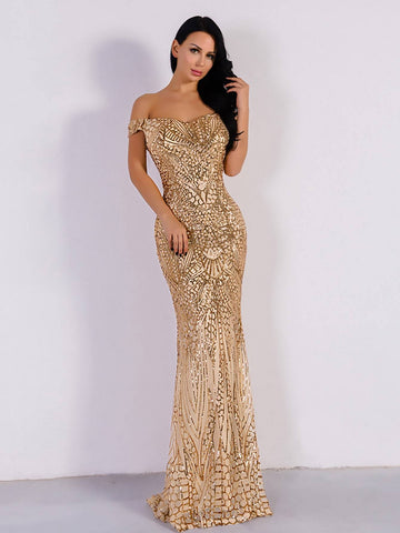 Missord Zip Back Mermaid Hem Bardot Sequin Prom Dress