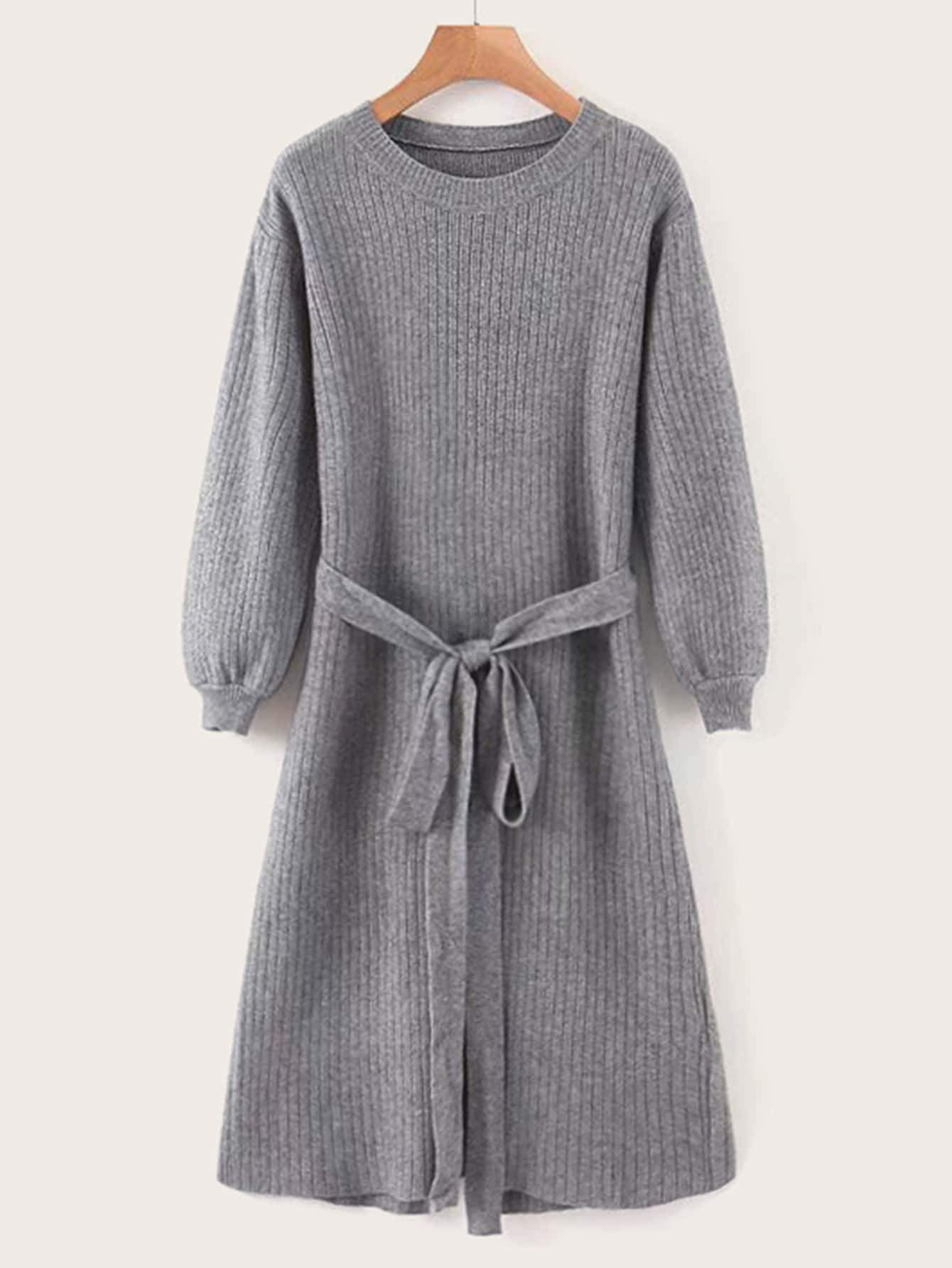 Ribbed Knit Slit Back Belted Jumper Dress