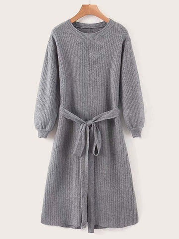 Ribbed Knit Slit Back Belted Jumper Dress