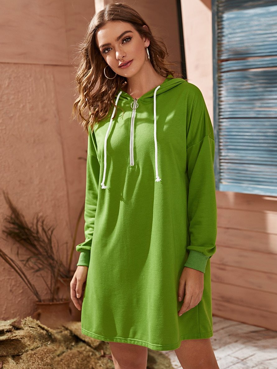 Half Zipper Drawstring Hoodie Dress