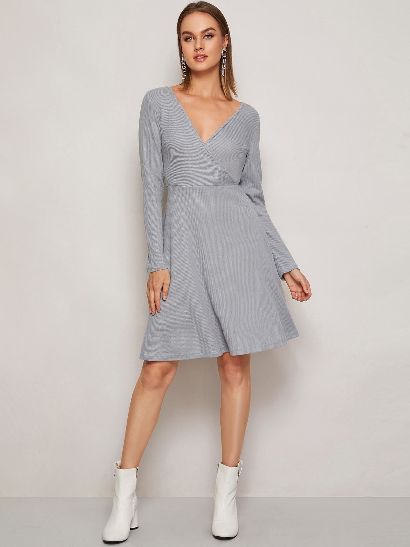 Wrap V-neck High Waist Swing Jumper Dress