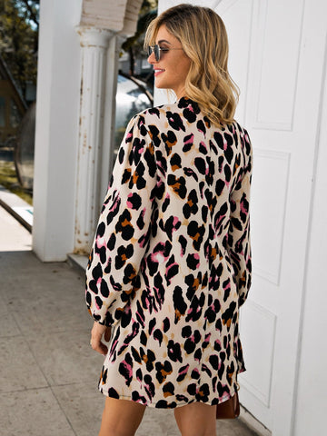 Notched Collar Leopard Print Dress