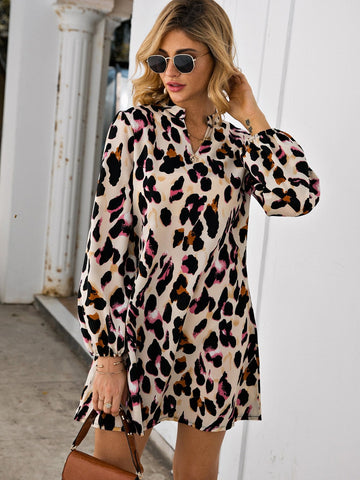 Notched Collar Leopard Print Dress