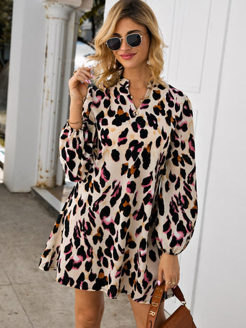 Notched Collar Leopard Print Dress