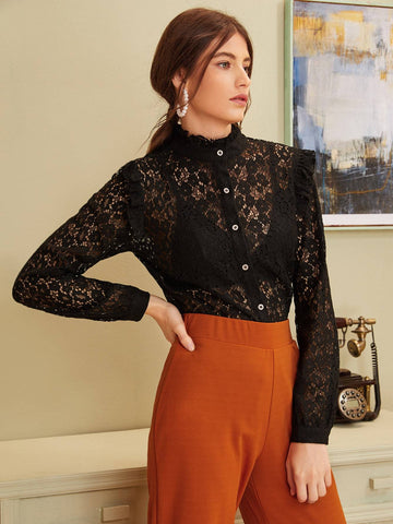 Mock Neck Lace Frill Trim Sheer Blouse