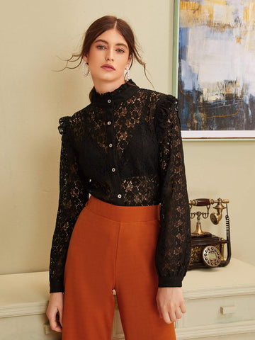 Mock Neck Lace Frill Trim Sheer Blouse