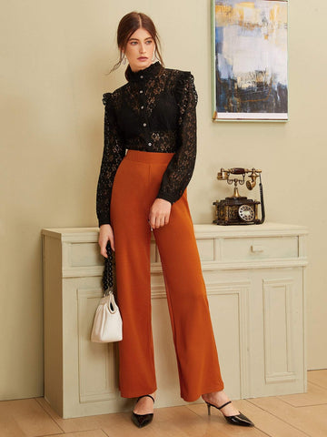 Mock Neck Lace Frill Trim Sheer Blouse