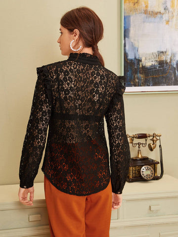Mock Neck Lace Frill Trim Sheer Blouse
