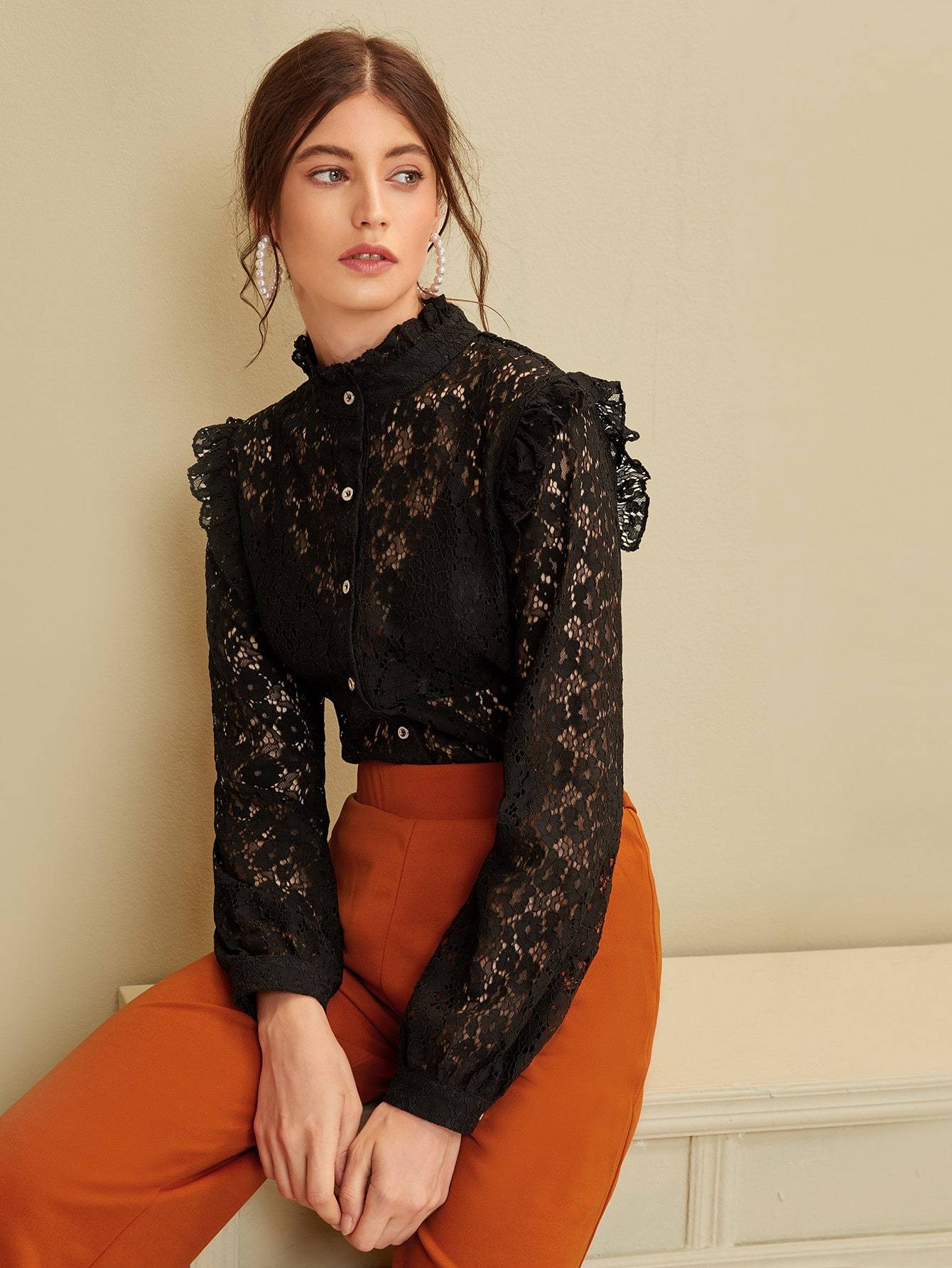 Mock Neck Lace Frill Trim Sheer Blouse