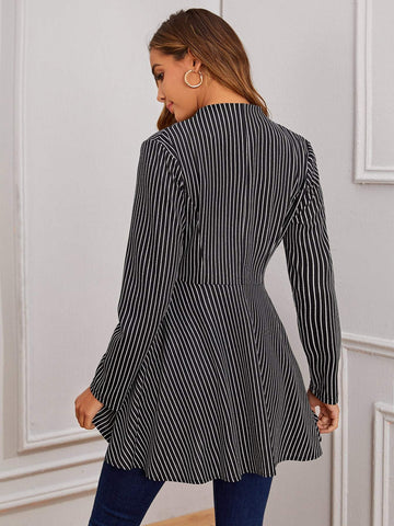 Striped Print Single Button High Low Blouse
