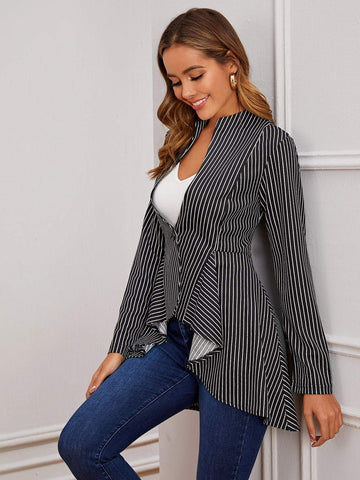 Striped Print Single Button High Low Blouse