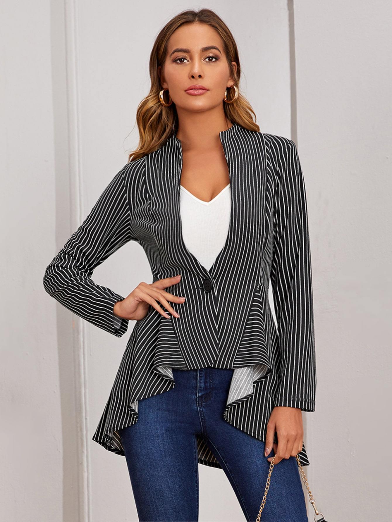 Striped Print Single Button High Low Blouse