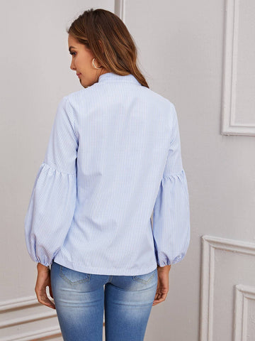 Striped Puff Sleeve Button Front Blouse