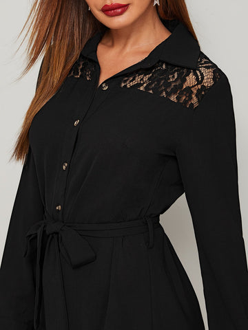 Contrast Lace Belted Shirt Dress