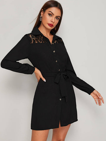 Contrast Lace Belted Shirt Dress