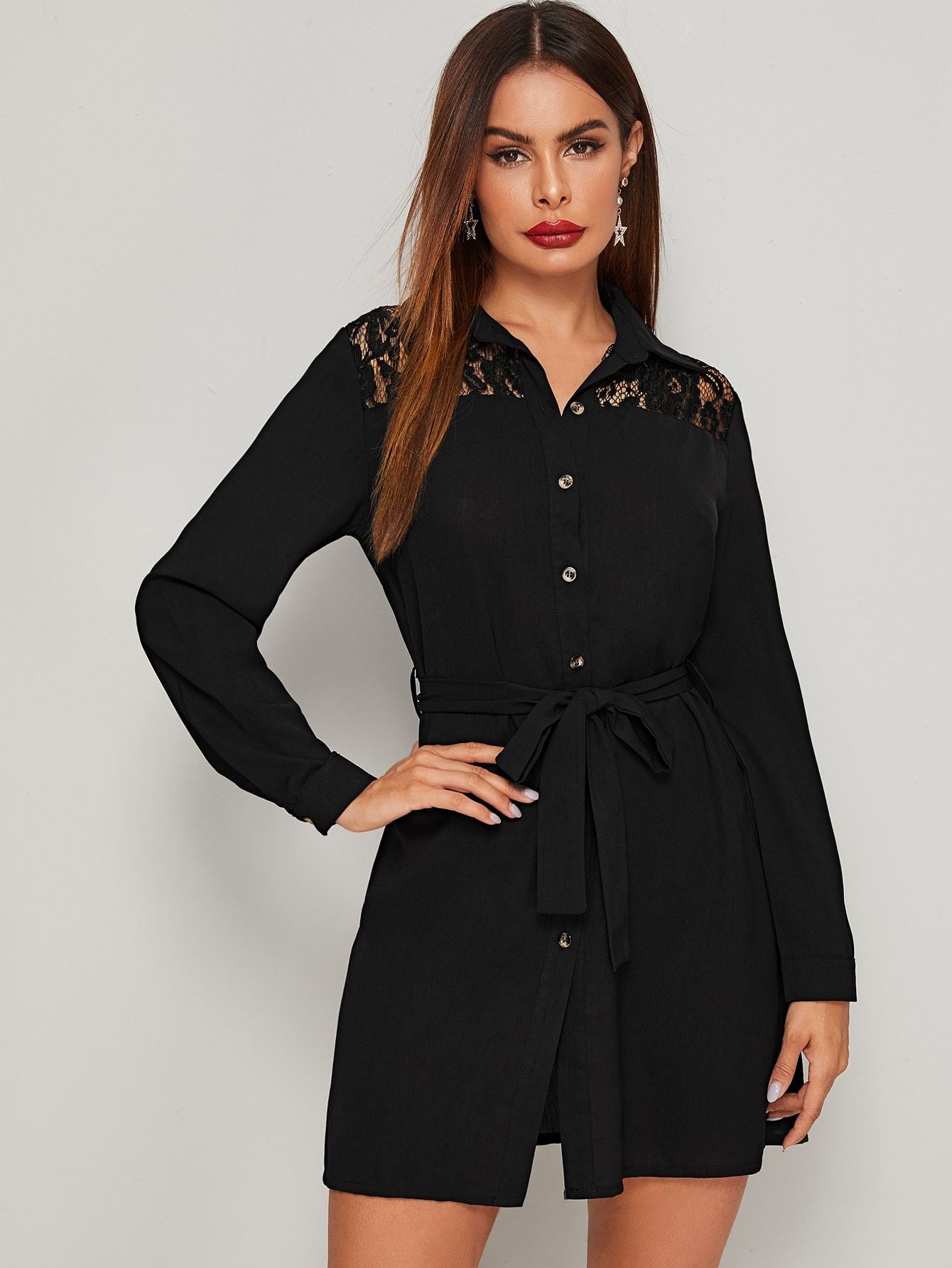 Contrast Lace Belted Shirt Dress