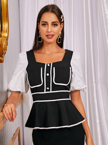 Contrast Piping Puff Sleeve Peplum Blouse