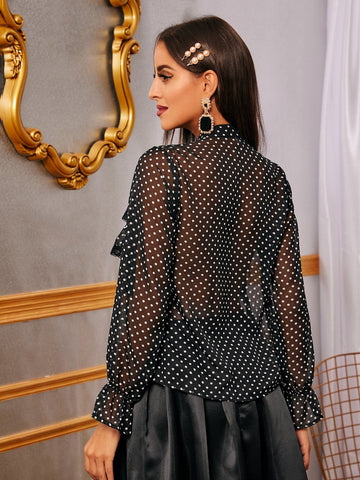 Polka Dot Frill Trim Sheer Blouse