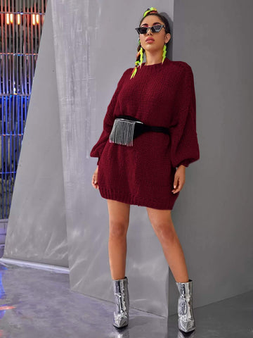 Mock Neck Puff Sleeve Jumper Dress Without Bag