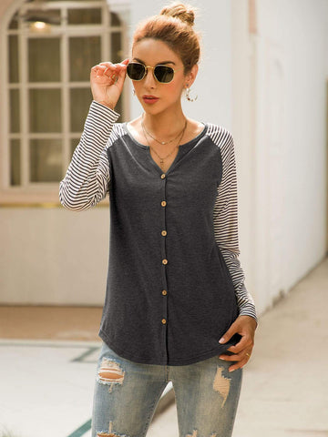 Contrast Striped Raglan Sleeve Button Through Tee