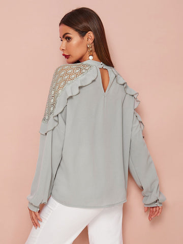 Frill Trim Lace Panel Blouse