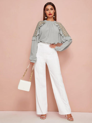 Frill Trim Lace Panel Blouse