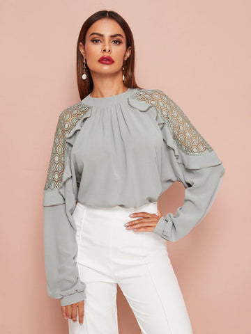 Frill Trim Lace Panel Blouse