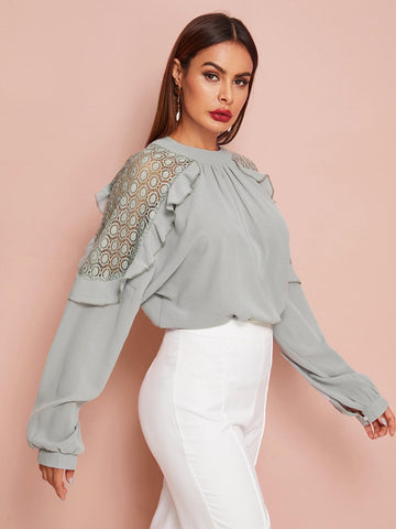 Frill Trim Lace Panel Blouse