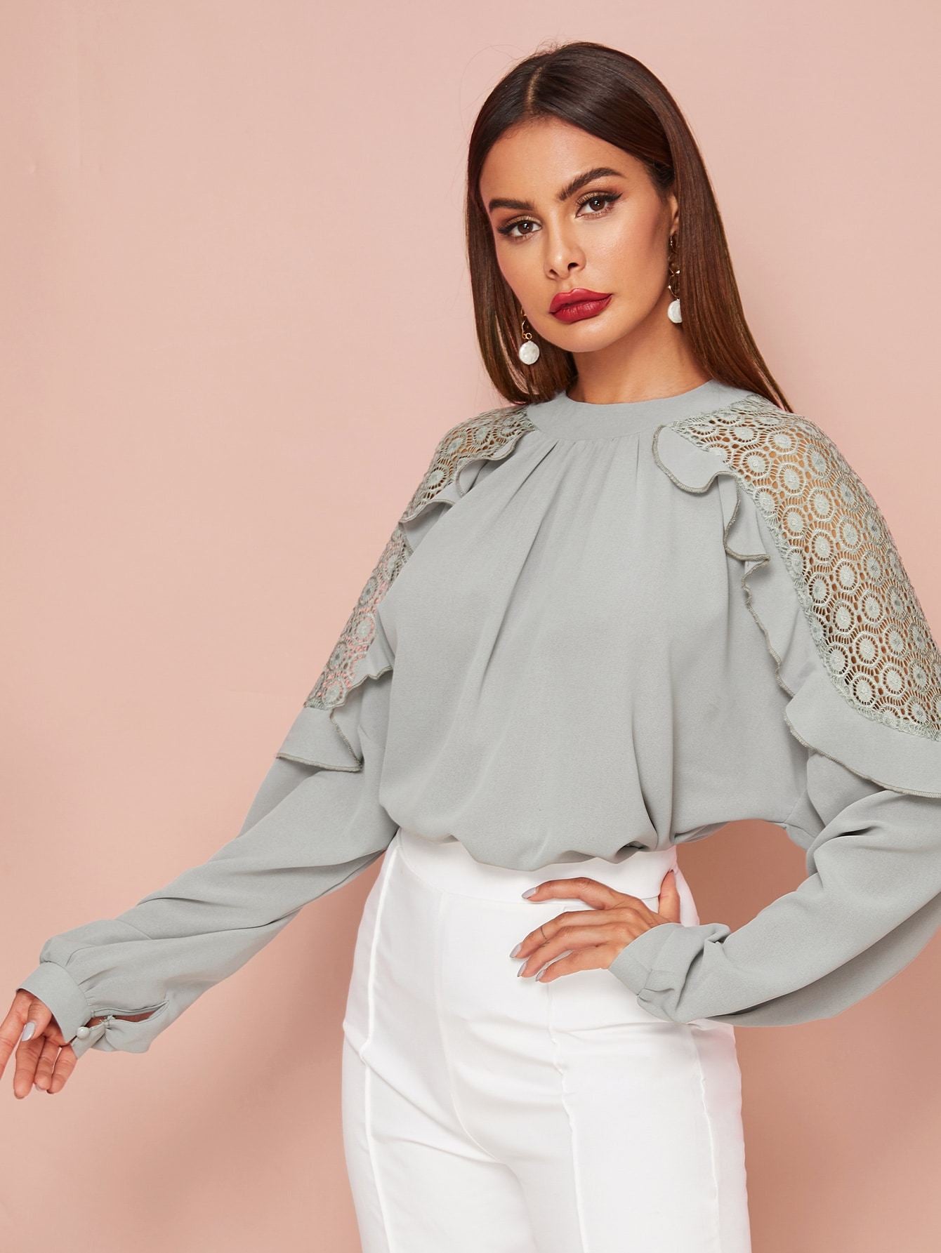 Frill Trim Lace Panel Blouse