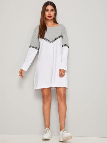 Two Tone Fringe Trim Sweatshirt Dress