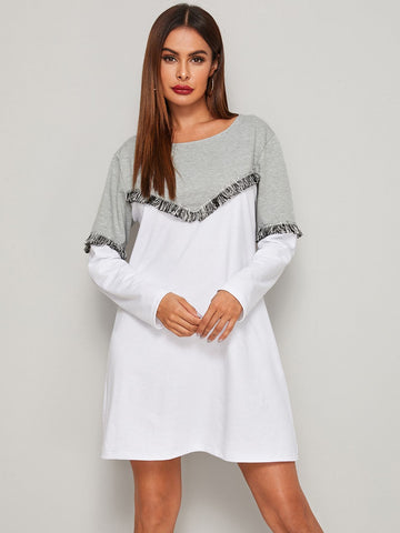 Two Tone Fringe Trim Sweatshirt Dress