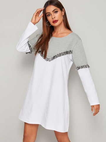 Two Tone Fringe Trim Sweatshirt Dress