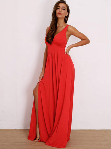 Joyfunear Plunge Neck Split Thigh Prom Dress