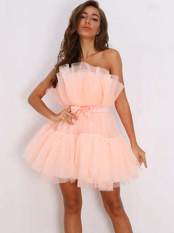 Joyfunear Bow Front Layered Tube Tulle Dress