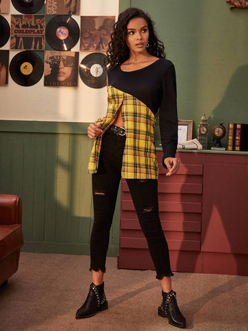 Two Tone Tartan Open Shoulder Tee
