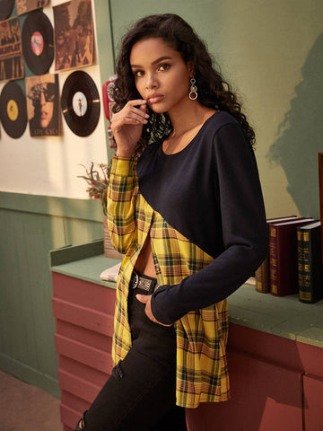 Two Tone Tartan Open Shoulder Tee